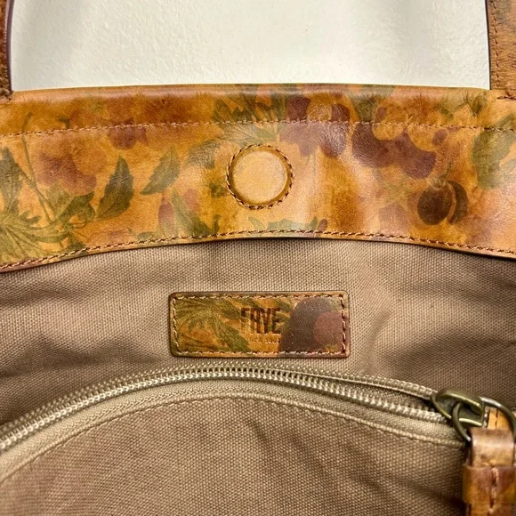 NWOT Frye Large Charlie Tote Shoulder Bag Floral Print on Brown Leather Pockets